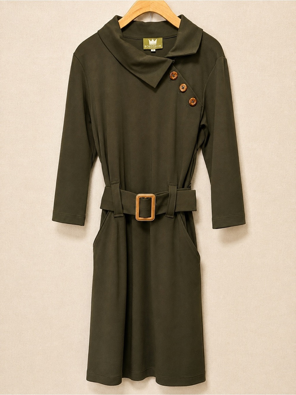 Bergstrom Originals Made in Toronto Olive Belted Midi Dress L Pockets